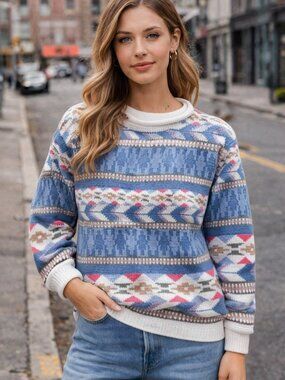 VTG Eddie Bauer Fair Isle Nordic Sweater Blue Pink 100% Cotton Grandpa Core